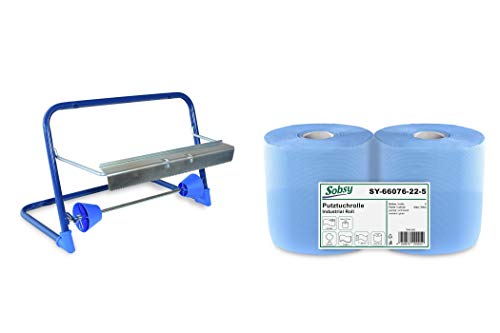 2 x blaue saugstarke Papierrolle mit Wandhalterung, 1000 Blatt, 22x36 cm | 2-lagige perforierte Papiertücher | für Industrie, Werkstatt und Restaurant | Durchmesser 25 cm