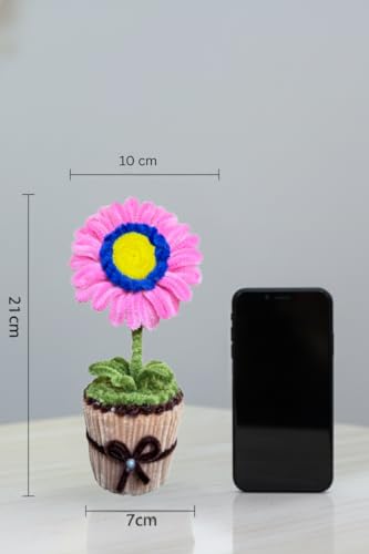 Image of Handmade Artificial Flower Pot for Home Decor | Cute Fuzzy Wire Pipe Cleaner Flower Plant | Aesthetic Tabletop Decorative Pot for Home, Office & Gifting (Soft Bloom :- DarkBlue-Pink)