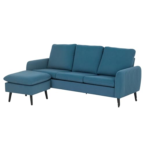 HOMCOM 3 Seater Sofa with Ottoman, 196cm Corduroy L-shaped Sofa Couch with Scatter Back, Reversible Chaise Lounge for Living Room, Home Office, Small Spaces, Blue
