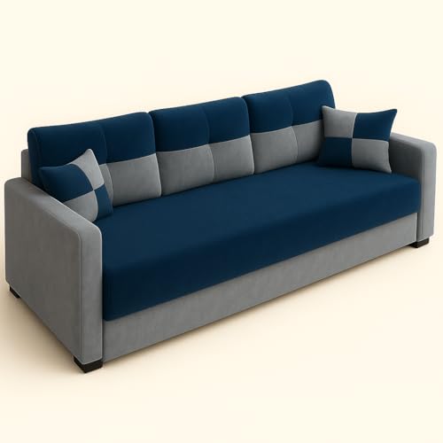 Image of FURNY Premium Opula 3 Seater Sofa Set, Fabric 3 Seater Sofa Set for Living Room | with Velvet Fabric | in Dark Blue & Light Grey Color