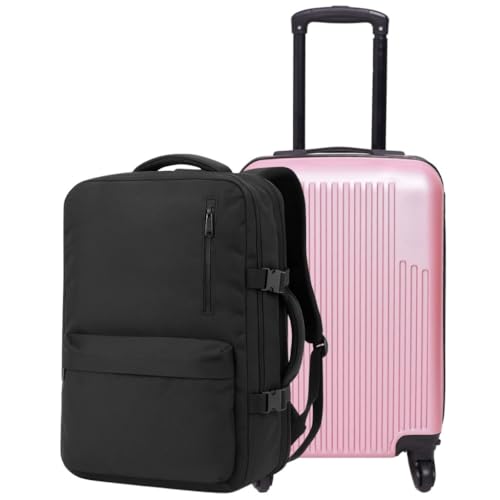 Kit Mala de Viagem Expansível 10kg + Mochila Grande Bordo Cabine ABS Rodinhas 360° Leve Resistente(Rosé-Preto)