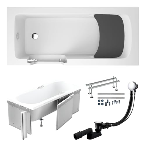 BADLAND Premium SET 6in1 Badewanne Rechteck Acryl Weiß Wanne, Seniorenbadewanne mit Glastür und Holzsitz VOVO...