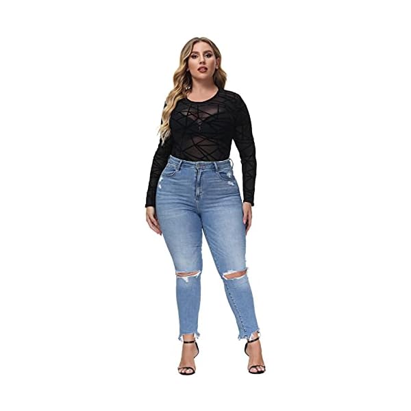 Hanna-Nikole-Womens-Plus-Size-See-Through-Bodysuit-Sheer-Long-Sleeve-Jumpsuit Hanna Nikole Women Plus Size Bodysuit Long Sleeve Leotard Top Basic Stretchy Jumpsuit 18W
