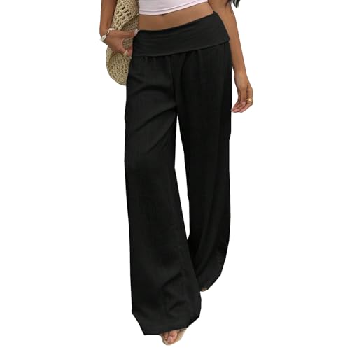 ICNGLKSND Womens Casual Fold Over Loose Pants Solid Low Waist Wide Straight Leg Sweatpants Lounge Flowy Pajmas Trouser3