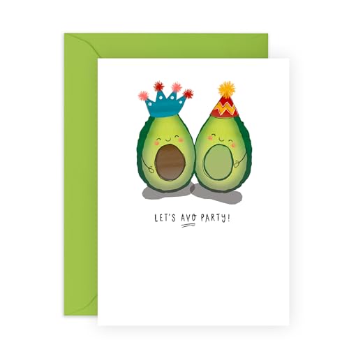 CENTRAL 23 x Kerry Spurling - Divertida tarjeta de aguacate – 'Let's Avo Party', felicitación divertida perfecta para cumpleaños, todas las ocasiones, tarjeta única para amigos, familiares y seres
