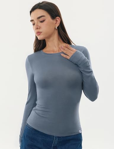 Image of Women's Merino Wool Blend Shirts Long Sleeve Tops Crew Neck Fitted Basic Tee Cozy Embrace Collection