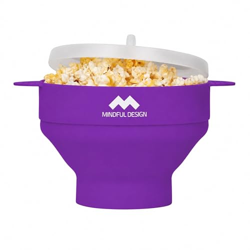 Image of The Original Mindful Design Collapsible Microwave Popcorn Popper - Silicone Bowl, BPA-Free & Dishwasher Safe (Purple)