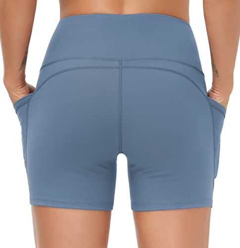 Image of THE GYM PEOPLE High Waist Yoga Shorts for Women's Tummy Control Fitness Athletic Workout Running Shorts with Deep Pockets