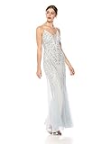 Adrianna Papell Women's Plunging V Illusion Neckline Mesh Beaded Long Evening Dress, Blue Heather/Silver, 10