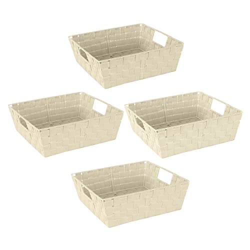Image of Simplify Large Shelf Woven Strap Tote | Decorative Storage Basket | Built in Handles | Organization | Closet | Bedroom | Bathroom | Nursery | Accessories | Toys | Gifts | 4 Pack | Ivory