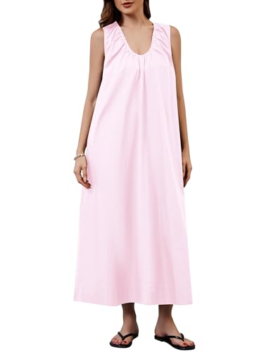 Image of OLAPTA Women Summer Sleeveless Maxi Dress Scoop Neck Ruched Loose Fit Casual Elegant Solid Vacation Long Dress with Pockets