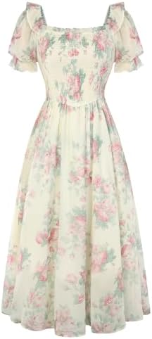 Scarlet Darkness Floral Dress for Women Summer Puff Sleeve Square...