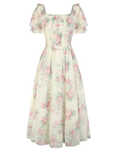 Scarlet Darkness Floral Dress for Women Summer Puff Sleeve Square Neck A Line Flowy Wedding Guest...