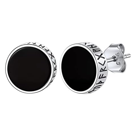Bandmax 925 Silver Viking Rune Black Onyx Agate Earrings for Men Cool Black Gemstone Ear Studs for Women Classic 8MM Round Stud Earrings Fashion Pierced Stud Ear Jewelry Cover