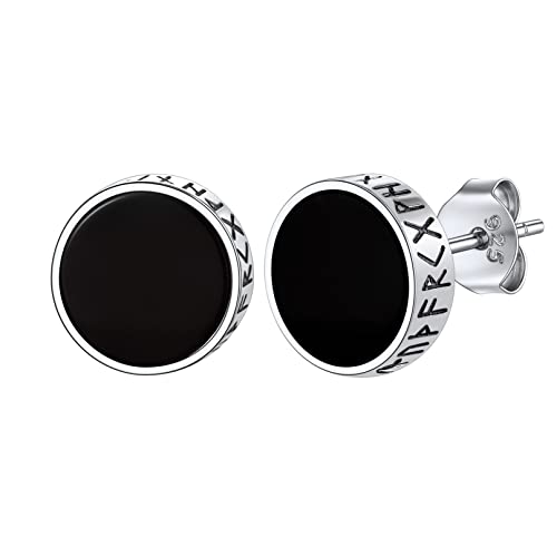 Bandmax 925 Silver Viking Rune Black Onyx Agate Earrings For Men Cool Black Gemstone Ear Studs For Women Classic 8Mm Round Stud Earrings Fashion Pierced Stud Ear Jewelry #TOP22
