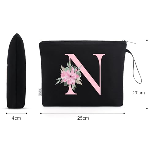 Image of Vavabox A-Z Personalized Makeup Bag, Birthday Gifts for Women Mom, Gifts for Best Friend, Bride Bridesmaid Cosmetic bag (N, 02-Black)