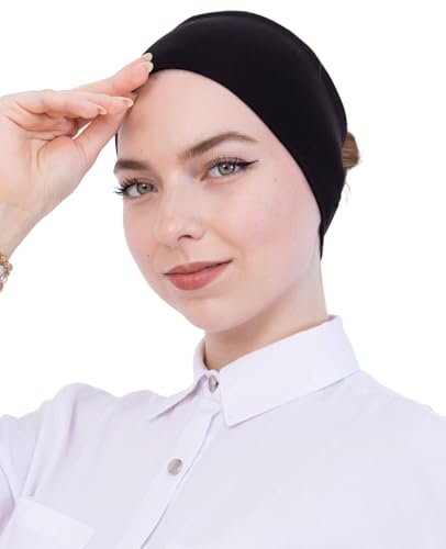 Prien Women Cotton Hijab Cap, Stretchy Head Cover, Pre-Sewn Inner Muslim Scarf Undercap, Non Slip Headband for Daily Wear (Black)