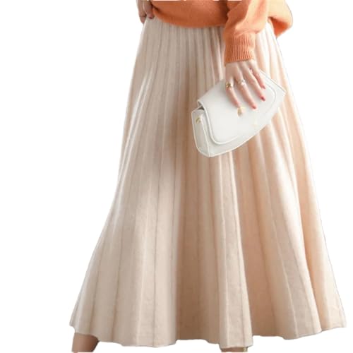 Women Fall Pleated Thicken Elegant Winter Long Cashmere Knit Skirt Elastic Waist 100% Wool Skirt Beige XS