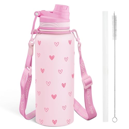 SANDJEST Pink Heart Stainless Steel Water Bottle...