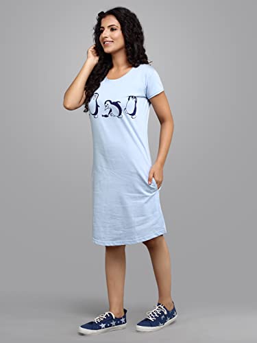 Image of Meerkat Women Short Sleeve Knee Length Cotton Knits Printed Short Nighty /Long Shirt /Midi