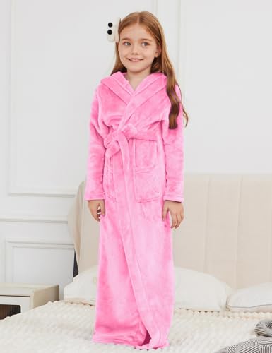 Image of Jxstar Girls Bathrobes Kids Long Hooded Robes Plush Full Length Coral Fleece Pajamas Sleepwear