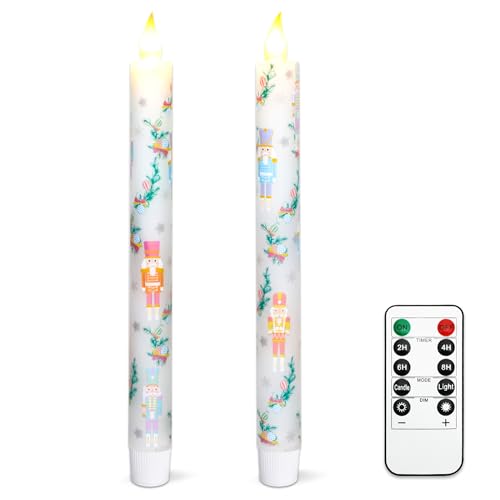 MELTONE Christmas Decor Flameless Taper Candles with Remote Control & Timer, Nutcracker Design LED Taper Candles, Xmas Holiday Decorations, Set of 2