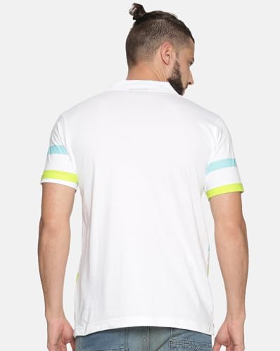 Image of KRYPTIC Men White Stripes Printed Polo Collar Pure Cotton T-Shirt (White;XL)