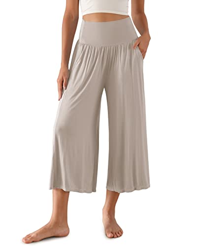 ODODOS Women's Wide Leg Palazzo Lounge Cropped Pants with Pockets Light Weight Comfy Pajama Capri Pants-20/22