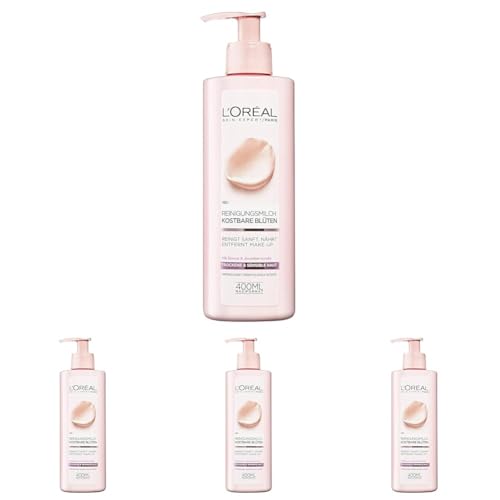 L'Oréal Paris Gesichtsreinigung, Reinigungsmilch zur Entfernung von Make-up, Mit Rosen-und Jasminextrakt, Auch für sensible Haut geeignet, Kostbare Blüten, 1 x 400 ml (Packung mit 4)