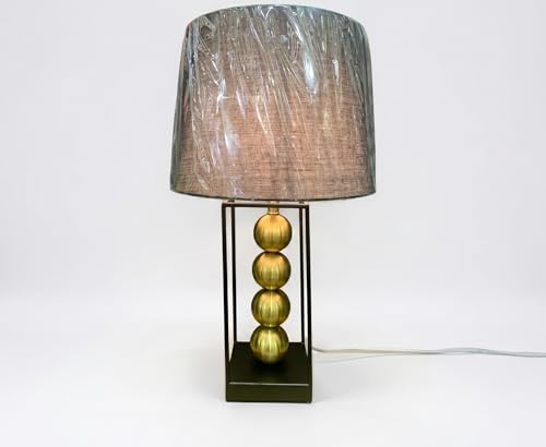 Image of Luxury Modern Table Lamp with Gold Spherical Accents - Contemporary Metal Frame Bedside Light for Living Room, Bedroom & Office - Textured Fabric Drum Shade (Antique Gold & Charcoal)