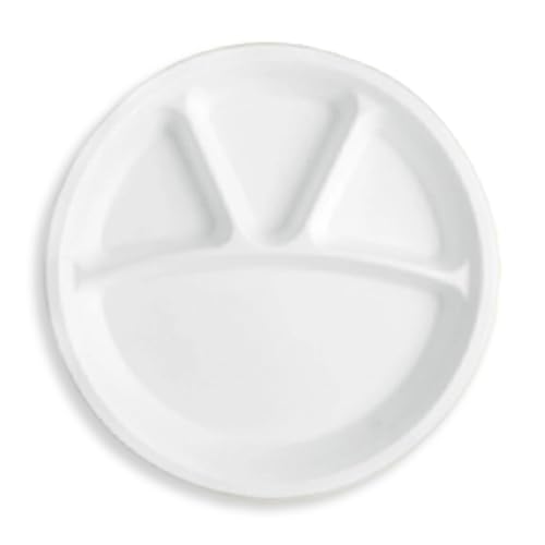 Image of Eco Dineware 11 Inch 4 Compartment 100 Pack Round Biodegradable Bagasse Plates Compostable Disposable Food Plates Dinnerware Recyclable Multiperpose Plate