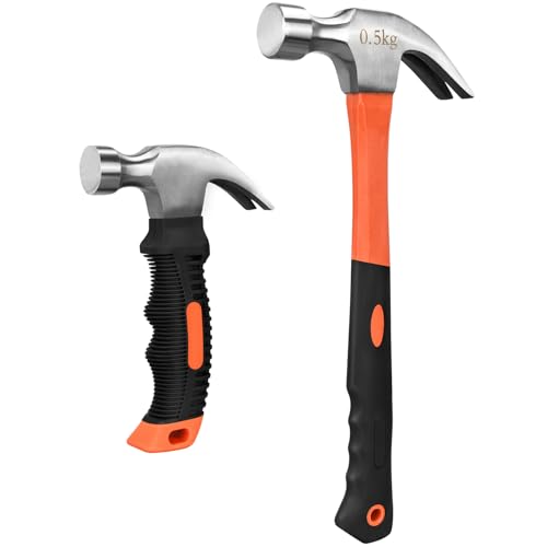 2pcs Claw Hammer Set, 8oz Mini Claw Hammer and 16oz Straight Rip Claw Hammer, Fiberglass General Purpose Claw Hammer with Smooth Face & Non -slip Grip(8oz Mini+16oz Hammer)