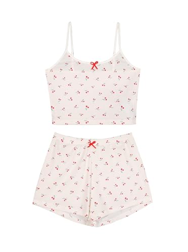 Image of Hilinker Womens Graphic 2 Piece Pajama Set Summer Cute Crop Cami and Shorts Ribbed Lounge Sets