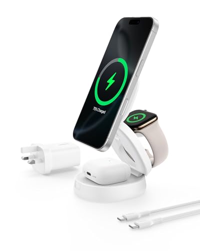 Belkin MagSafe-Compatible Charger, 3-in-1 Convertible Wireless Charging Station, Qi2-Certified 15W for iPhone 16, 15, 14, Apple Watch, AirPods with Non-Slip Base, 36W Plug Included - White