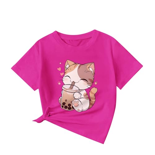 Image of KEEVICI Cute Cat Shirts for Girls Graphic Tees Bubble Tea Tshirt Kids Kawaii Cartoon Animal Print T Shirt Summer Cotton Tops