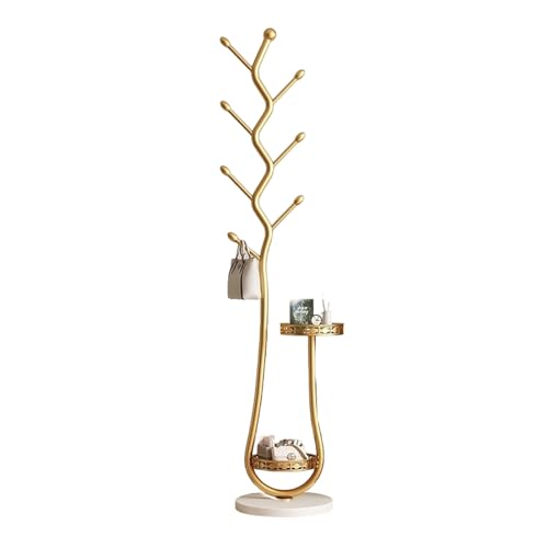 Perchero de metal con cesta de almacenamiento, colgador de ropa de pie para abrigos, sombreros y accesorios, elegante diseño dorado y solución para ahorrar espacio