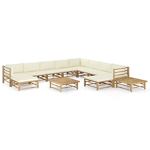 KCCKOM Garden Furniture Set 12 Piece Patio Lounge Set with Cream White Cushions Bamboo