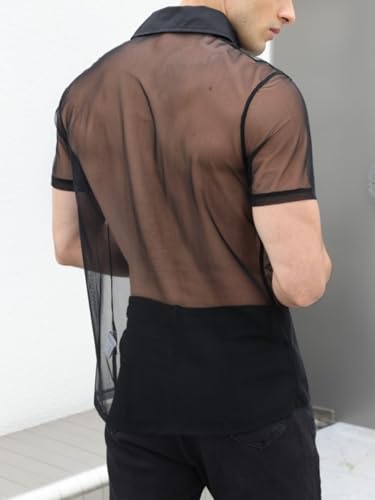 Verdusa Men's Sheer Mesh Button Up Shirt See Through Short Sleeve Top2