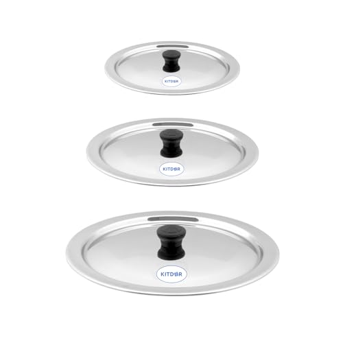 Image of Glossy Steel Lids for Utensils with Knobs | Melt-Free with a Good Gripsteel Lid for Kadai and Other Utensils | Round, Rust Resistant Steel (3 Pcs Set, Medium)