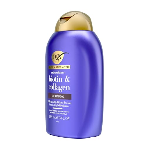 Image of OGX Thick & Full + Biotin & Collagen Extra Strength Volumizing Shampoo with Vitamin B7 & Hydrolyzed Wheat Protein for Fine Hair. Sulfate-Free Surfactants for Thicker, Fuller Hair, 13 fl oz