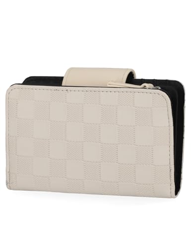 Image of Nautica Womens, Close Reach Vegan Leather RFID Wallet, Small Credit Card Holder Purse with Zipper Coin Pocket and ID Window in Bone Check