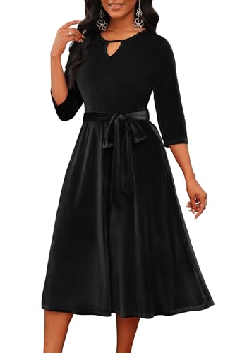 Image of CLOCOR Midi Dresses for Women Casual A-Line Fit and Flare Dress Crewneck 3 /4 Sleeve Keyhole Cocktail Party Church Dress