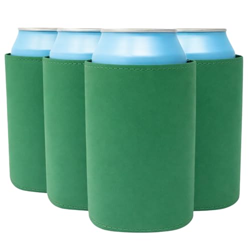 Image of TahoeBay Leatherette Can Cooler Sleeves in Bulk, 12-Pack, Green | Blank Faux Leather, Plain Neoprene Beer Coolers for 12 oz Cans, Blanks for Heat Transfer Vinyl, Groomsmen Gifts, Party Favors