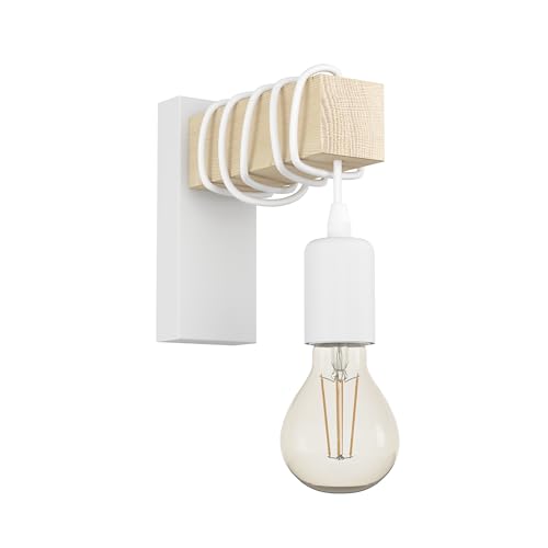 Eglo Aplique de pared TOWNSHEND, aplique de pared vintage con 1 bombilla en diseño industrial, lámpara retro de acero y madera, color blanco, marrón, casquillo E27