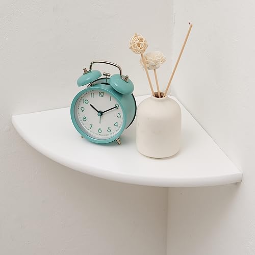 Corner Shelf, White Solid Oak Wood Floating Corner Shelves Wall Mount Round End Floating Speaker Rack for Small Plant Photo Frame (White, 8.6in)