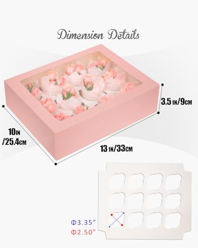 Image of Bakepacker Auto-pop Up Cupcake Boxes with Window Pink 40PCS 12 Count Cupcake Box 13 inchx10 inchx3.5 inch Cupcakes Carrier, 12 Cupcake Containers with 2 rolls of pink ribbons
