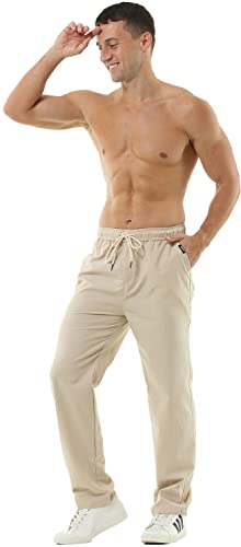 HOEREV Men Casual Strandhosen Leinen Hose- Gr. L (Taille 36-38 zoll), Beige