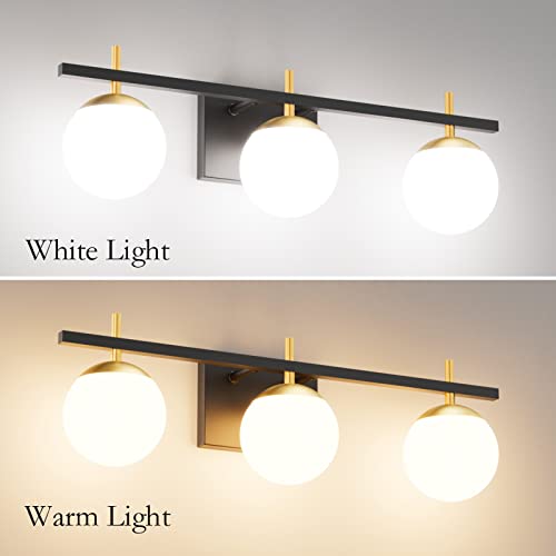 Image of Ralbay Mid Century Modern Bathroom Vanity Lights Black and Gold Milky Glass Modern Bathroom Vanity Lights Over Mirror, Black /Golden 3-Light (Exclude Bulb)