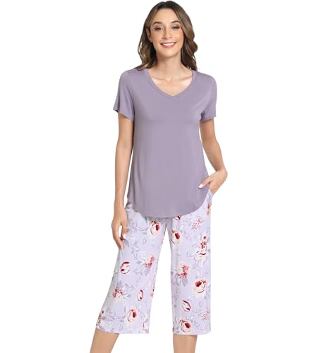 Image of NACHILA Bamboo Viscose Pajamas for Women Lace V Neck Capri Pants Pjs Set