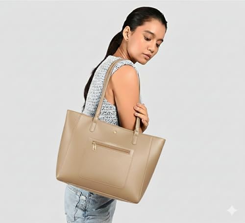 Image of tote bag for women office use - Brown Vegan Leather Tote Bag for Work-Office, Laptop 15-inch Fully Embossed Shoulder Handbag Stylish & Durable